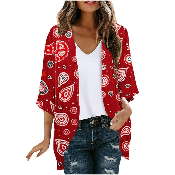 Meichang Summer Cardigan for Women Open Front Chiffon Cardigan Floral Kimonos 3/4 Sleeve Casual Boho Cover Up Blouse Top