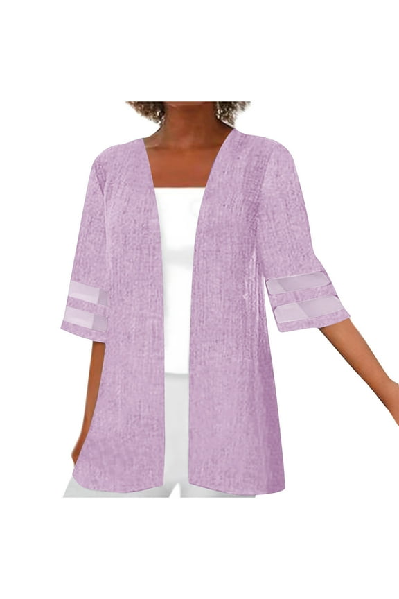 Summer Cardigans for Women 3/4 Sleeve Mesh Patchwork Kimono Cardigans Solid Lightweight Open Front Cardigans Plus Size Loose Beach Wear Cover Ups