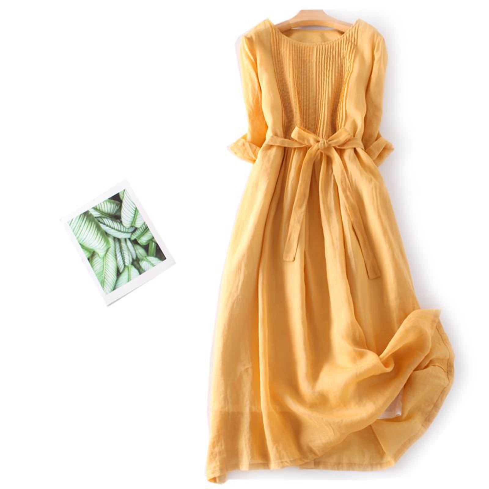 Meichang Summer Dress for Women Vintage Cotton Linen Dress with Tie Waist  Pleated Front A-Line Dress 3/4 Sleeve Round Neck Flowy Midi Dress Casual  Beach Sundress - Walmart.com