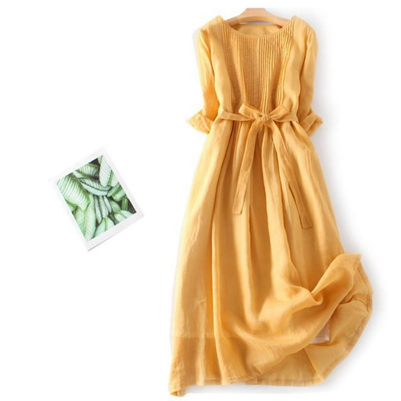 Meichang Summer Dress for Women Vintage Cotton Linen Dress with Tie Waist Pleated Front A-Line Dress 3/4 Sleeve Round Neck Flowy Midi Dress Casual Beach Sundress
