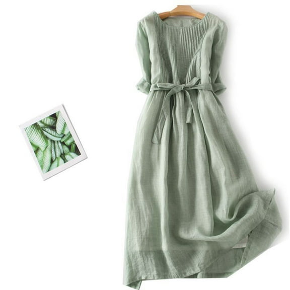 Meichang Summer Dress for Women Vintage Cotton Linen Dress with Tie Waist Pleated Front A-Line Dress 3/4 Sleeve Round Neck Flowy Midi Dress Casual Beach Sundress