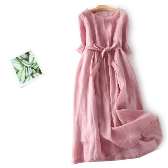 Meichang Summer Dress for Women Vintage Cotton Linen Dress with Tie Waist Pleated Front A-Line Dress 3/4 Sleeve Round Neck Flowy Midi Dress Casual Beach Sundress