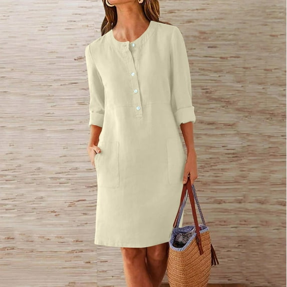 Meichang Summer Dress for Women 2025 Half Button Shirt Dress Long Sleeve Round Neck Work Dresses Casual Loose Fit Mini Dresses with Pockets