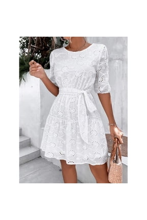 Summer Dresses for Women 2024 Eyelet Mini Dresses Crew Neck Short Sleeve A-Line Dresses Solid Color Loose Fit Dresses Casual Flowy Beach Dresses for Women 2024 Vacation