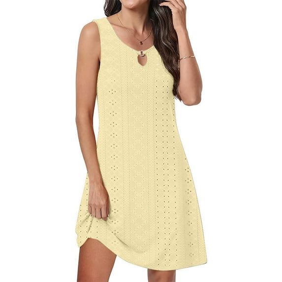 Meichang Sleeveless Keyhole Dresses Women Scoop Neck Eyelet Dresses 2024 Beach Vacation Mini Dresses Dressy Casual Work Sundresses Solid Color Comfy Dresses Yellow XXL