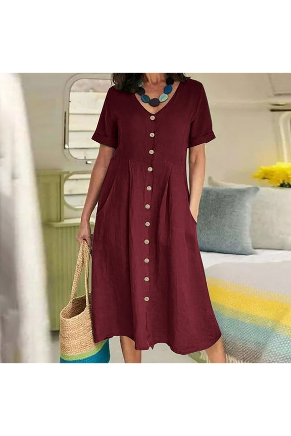 Summer Dresses for Women 2025 Cotton Linen Button Down Shirt Dresses Short Sleeve V Neck Loose Fit Tunic Dresses Casual A-Line Midi Dress with Pockets