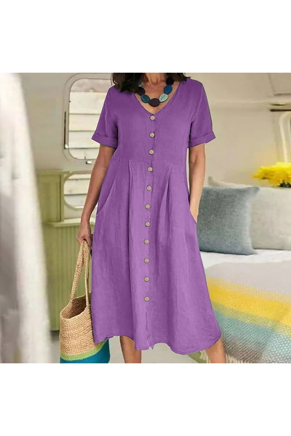 Summer Dresses for Women 2025 Cotton Linen Button Down Shirt Dresses Short Sleeve V Neck Loose Fit Tunic Dresses Casual A-Line Midi Dress with Pockets