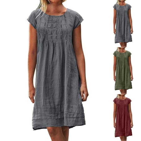 Meichang Summer Dresses for Women Casual Loose Cotton Linen Dress Short Sleeve Crew Neck Pleated A-line Knee Length Dresses Solid Midi Beach Sundresses