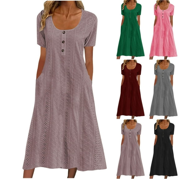 Meichang Summer Dresses for Women Short Sleeve Scoop Neck Button Eyelet Dress Casual Loose Fit Midi Dresses A-Line Flowy Swing Beach Dress with Pockets