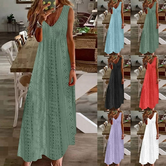 Meichang Summer Dresses for Women, Sleeveless V Neck Maxi Dresses Solid Eyelet Embroidery Dresses Summer Loose Casual Hollow Out Dresses Long Beach Dresses