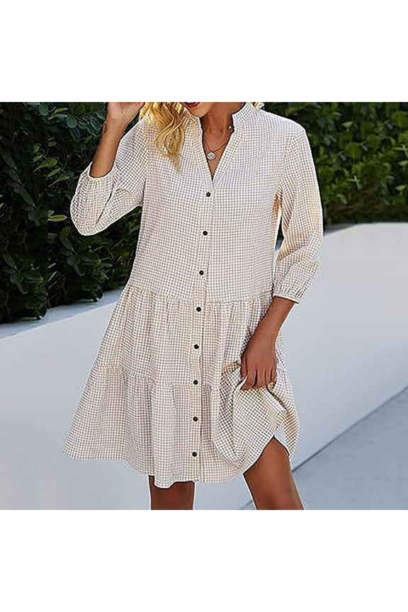 Summer Dresses for Women 2025 Button Down Plaid Shirt Dress 3/4 Sleeve V Neck Ruffle Tiered Dresses Casual Loose Fit Mini Dresses