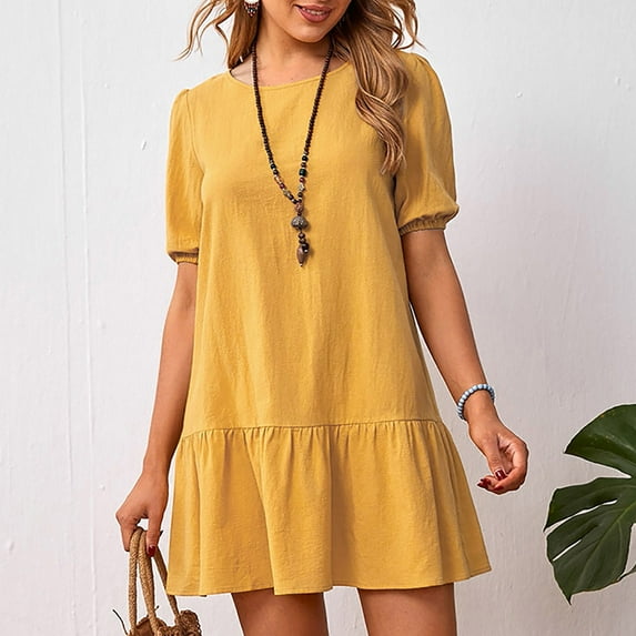 Meichang Summer Dresses for Women 2025 Short Sleeve Crew Neck Mini Dresses Solid Loose Fit Ruffle Hem Short Dresses Flowy Casual Dresses