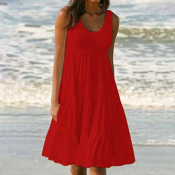 Meichang Summer Dresses for Women 2025 Sleeveless Ruffle Tiered Dresses Knee Length U Neck Flowy Beach Vacation Dress Women's Casual Dresses