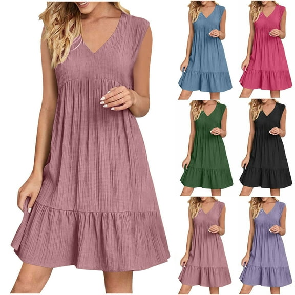 Meichang Summer Dresses for Women 2025 Sleeveless V Neck Knee Length Dress Pleated Ruffle Tiered Flowy Beach Sundresses Swing Casual Dresses