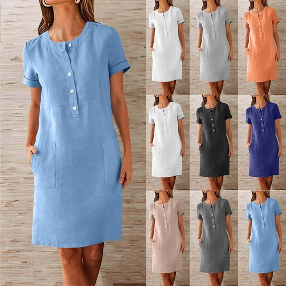 Meichang Summer Dresses for Women Casual Short Sleeve Half Button Crew Neck Knee Length Dress Solid Lightweight Work Dresses with Pockets