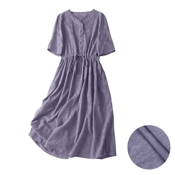 Meichang Summer Dresses for Women Casual Short Sleeve V Neck Button A-Line Midi Dress Vintage Tie Waist Flowy Beach Dresses