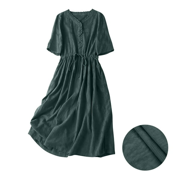 Meichang Summer Dresses for Women Casual Short Sleeve V Neck Button A-Line Midi Dress Vintage Tie Waist Flowy Beach Dresses