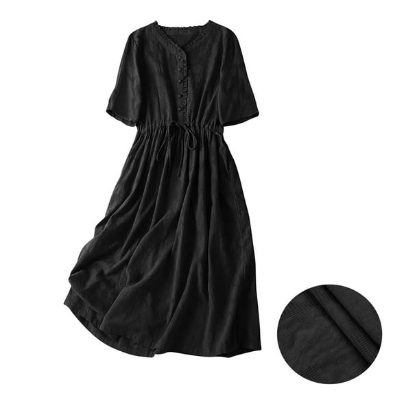 Meichang Summer Dresses for Women Casual Short Sleeve V Neck Button A-Line Midi Dress Vintage Tie Waist Flowy Beach Dresses