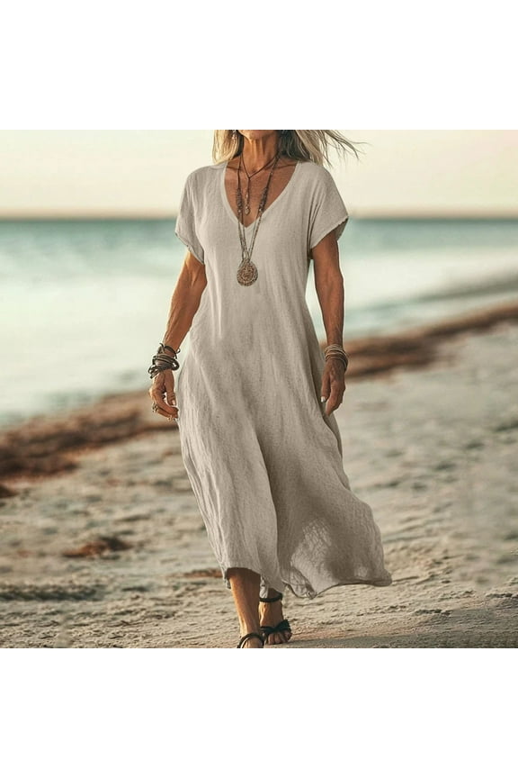 Summer Dresses for Women Casual V Neck Short Sleeve Maxi Dresses Swing Loose Fit Beach Vacation Dress Long Dresses