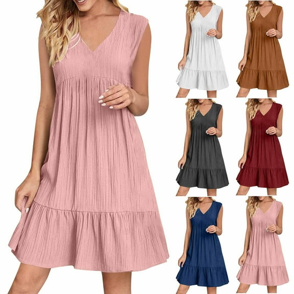 Meichang Summer Dresses for Women Sleeveless V Neck Loose Fit Mini Dress Pleated Ruffle Flowy Beach Sundresses