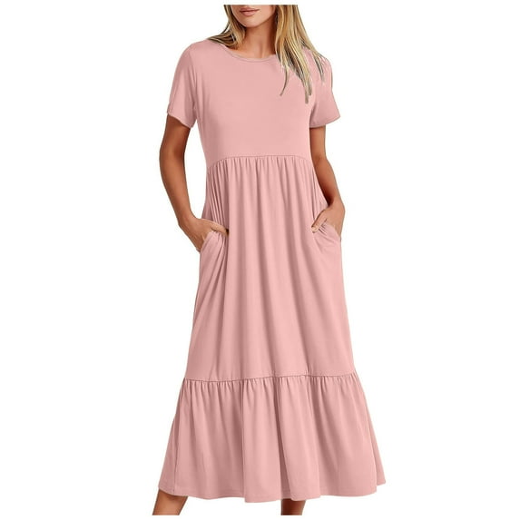 Meichang Summer Dresses for Women with Pockets Casual Short Sleeve Crew Neck Tiered Dresses A-Line Swing Long Maxi Dress for Beach Vacation