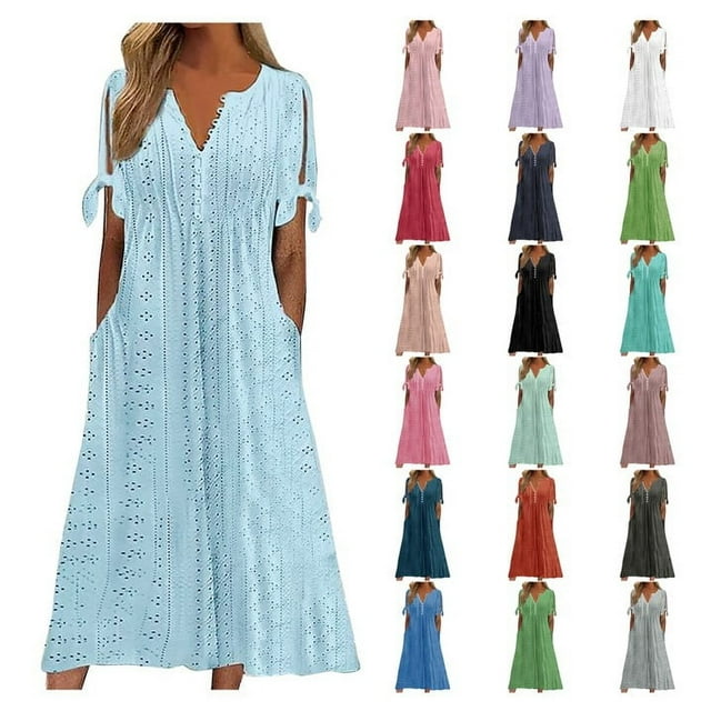 Meichang Summer Eyelet Dresses for Women Short Sleeve Crew Neck Midi Dressed Eyelet Embroidery Solid Color Dresses Loose Fit Casual Flowy Work Dresses with Pockets Purple XXL