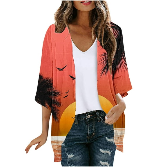 Meichang Summer Kimonos for Women Casual 3/4 Sleeve Chiffon Cardigan Floral Print Open Front Light Weight Cardigans Loose Beach Wear Cover Up Blouse Top