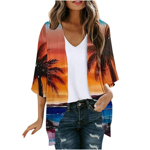 Meichang Summer Kimonos for Women 3/4 Sleeve Floral Print Kimono Cardigan Lightweight Open Front Loose Beach Cover Up Casual Chiffon Cardigans