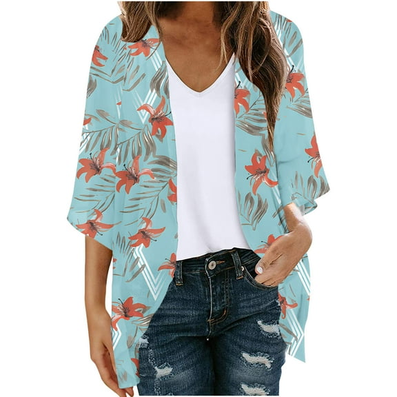 Meichang Summer Kimonos for Women Floral Print Open Front Chiffon Cardigan Light Weight Loose Fit Beach Kimono Cardigans Casual Hawaiian Cover Ups