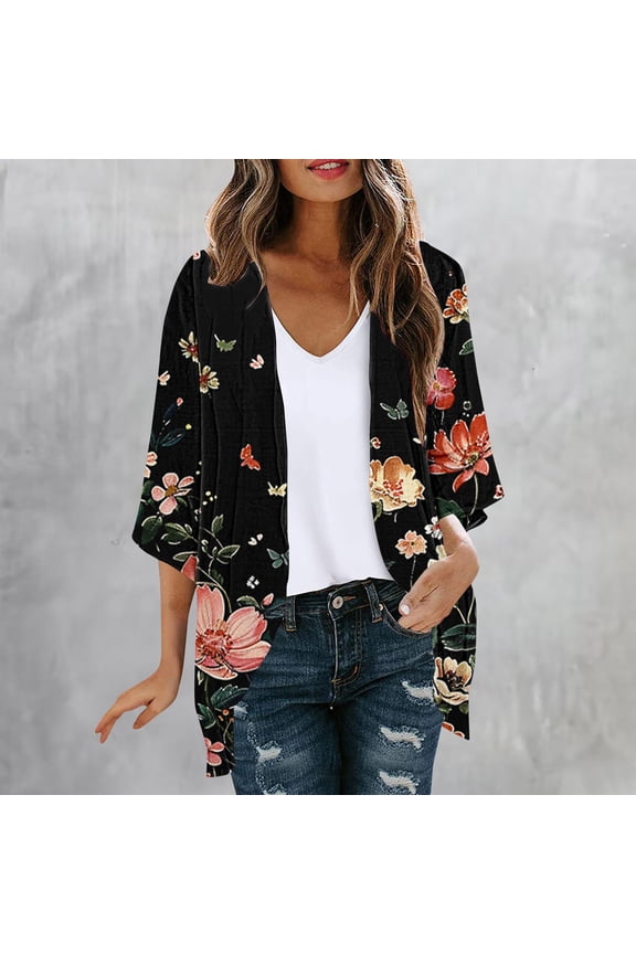 Summer Kimonos for Women Open Front Chiffon Cardigan Floral Kimonos 3/4 Sleeve Casual Boho Cover Up Blouse Top