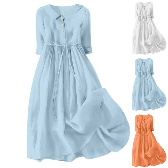 Meichang Summer Linen Dresses for Women with Tie Waisted 3/4 Sleeve Collar Button Midi Dress Casual Retro Solid Color Cotton Linen Dress Flowy Beach Sundress