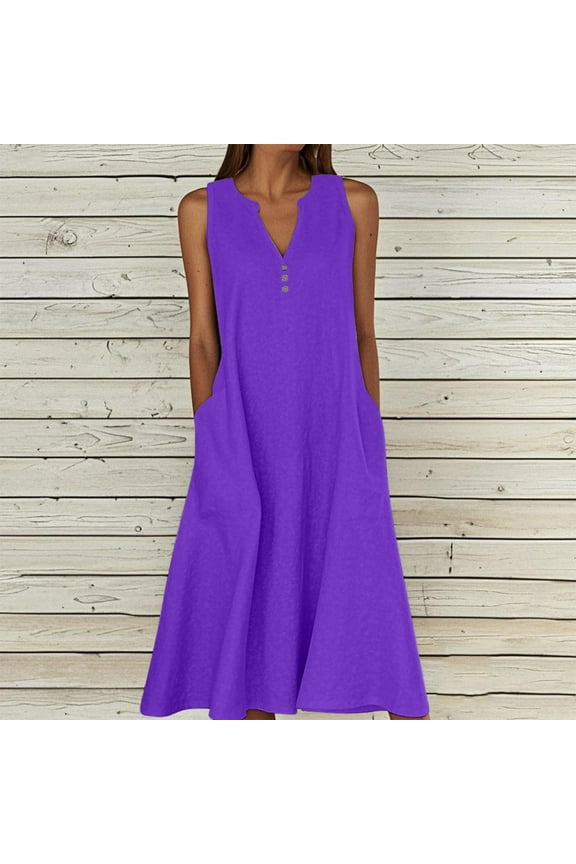 Meichang Summer Linen Dresses for Women Sleeveless Button V Neck Sundresses Casual Midi Dresses Plus Size Beach Vacation Tank Dress with Pockets