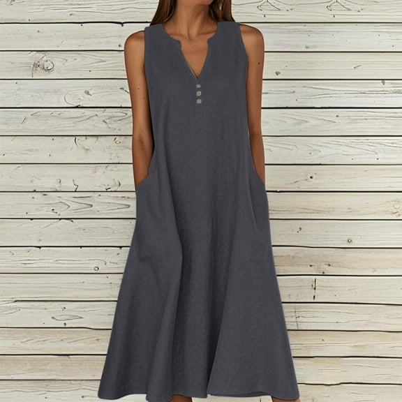 Meichang Summer Linen Dresses for Women Sleeveless Button V Neck Sundresses Casual Midi Dresses Plus Size Beach Vacation Tank Dress with Pockets