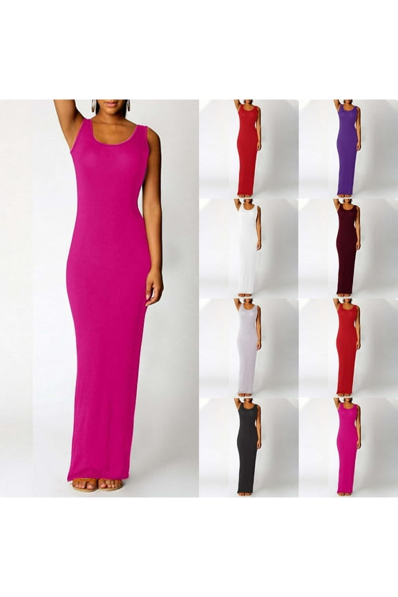 Meichang Summer Maxi Dress for Women Casual Slip Long Tank Dress Sleeveless U Neck Slim Fit Elegant Bodycon Long Dresses
