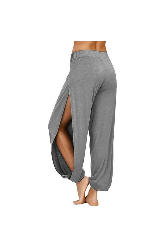 Harem Pants for Women Double High Slit Leg Flowy Yoga Pant Elastic Waist Dance Hippie Wrap Beach Cover-Up Pants