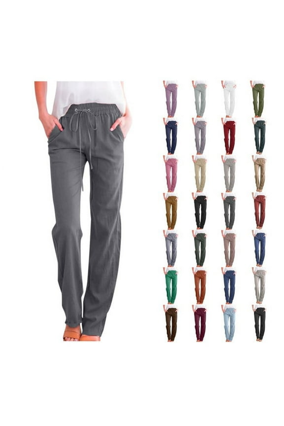 Meichang Linen Pants for Women Casual Summer Drawstring Elastic Waist Linen Pant Straight Wide Leg Pocket Lounge Long Trouser with Pockets