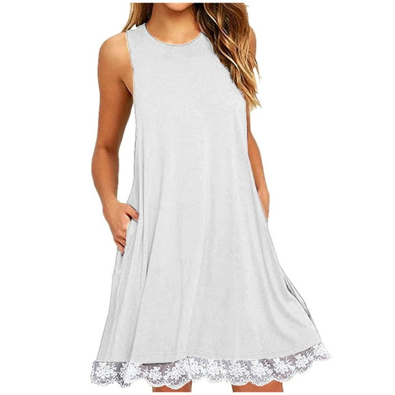 Meichang Sundresses for Women Loose Crew Neck Sleeveless Sun Dresses Trendy Lace Trim Hem Knee Length Dresses Casual Dresses with Pockets