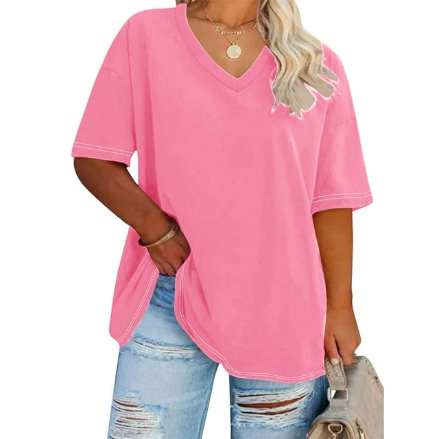 Meichang Summer Savings Womens Plus Size Tops V Neck T-Shirts Solid Loose Fit Short Sleeve Summer Top Tunic Blouse Basic Tees