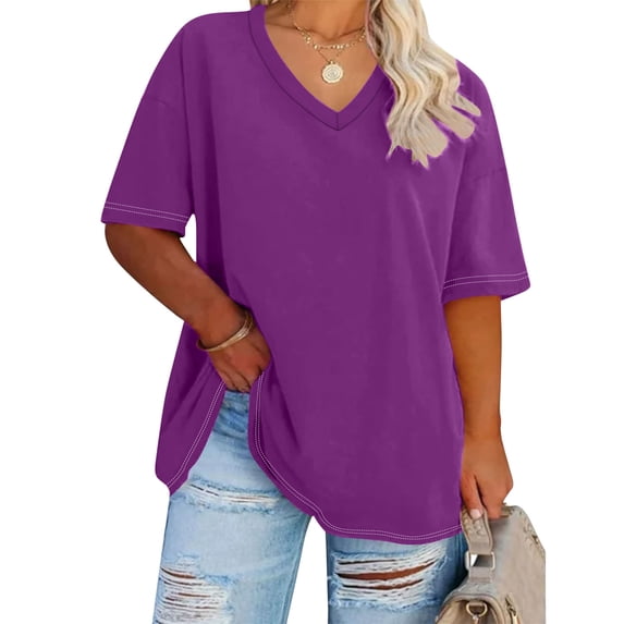 Meichang Womens Plus Size Tops V Neck T-Shirts Solid Loose Fit Short Sleeve Summer Top Tunic Blouse Basic Tees
