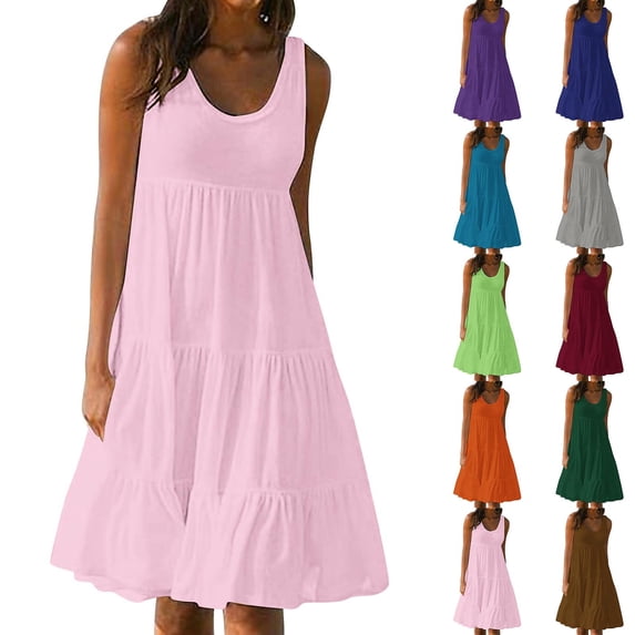 Meichang Summer Sundresses for Women Sleeveless Scoop Neck Tiered Dress Beach Vacation Party Mini Dress Tank Dresses Valentines Dress for Women