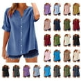 thumbnail image 1 of Meichang Summer Tops for Women 2025, Linen Shirts Plus Size Notch V Neck Button Short Sleeve T-Shirts Casual Solid Loose Fit Dressy Blouses, 1 of 5