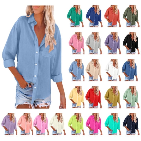 Meichang Summer Tops for Women Button Down Shirts Long Sleeve Lapel Casual Cotton Linen Shirt Loose Fit Work Dressy Blouses with Pocket
