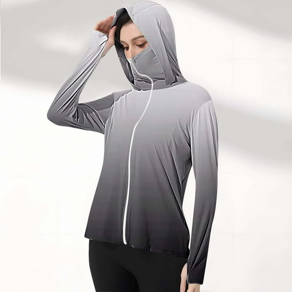 Meichang Sun Protection Jackets for Women Full Zipper Gradient Long Sleeve Hoodie Jacket Lightweight Outdoor Athletic Jacket with Thumb Hole