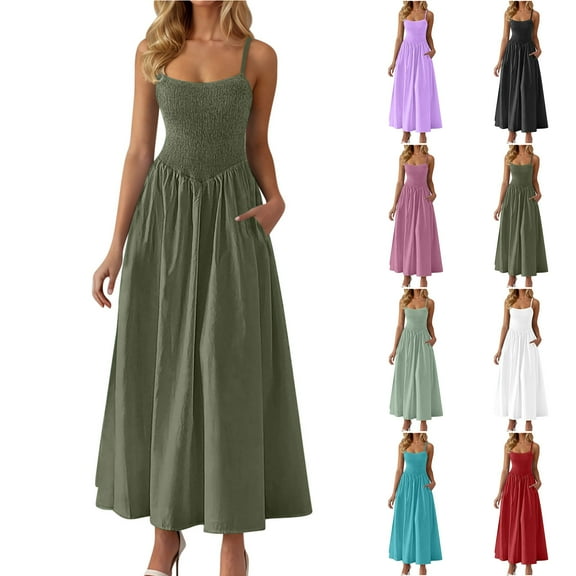 Meichang Sundresses for Women Sleeveless Spaghetti Strap Maxi Dress A-Line Smocked Casual Sun Dresses with Pockets Boho Pleated Summer Beach Long Sundress