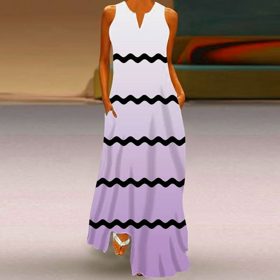 Meichang Sundresses for Women Notch V Neck Sleeveless Striped Dresses Gradient Loose Fit Long Maxi Dresses Casual Swing Summer Dresses with Pockets