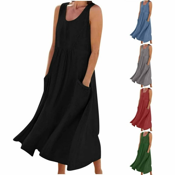Meichang Sundresses for Women Plus Size Sleeveless Scoop Neck Long Maxi Dress Summer Swing Loose Fit Beach Sundresses with Pockets