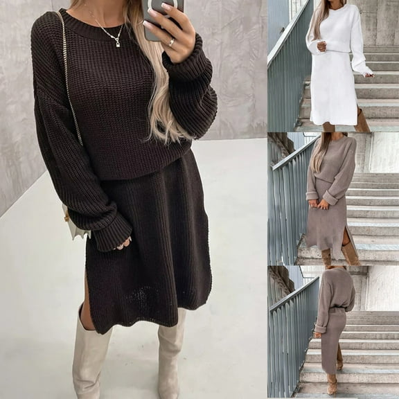Meichang Sweater Dress for Women Fall Winter Soft Long Sleeve Crew Neck Knit Dresses Elastic Waisted Side Slit Hem Knee Length Pullover Sweater Dresses