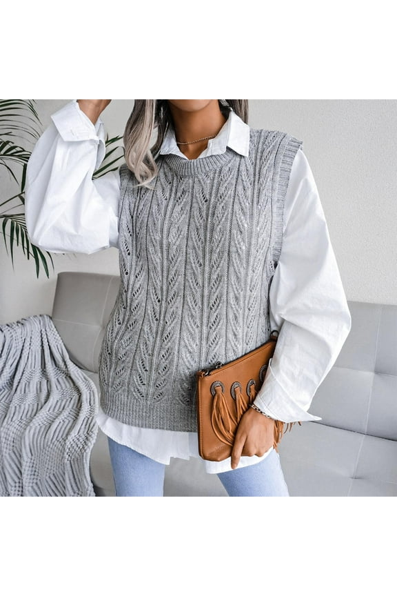 Sweater Vest Women Sleeveless Crew Neck Cable Knit Sweater Vest Casual Loose Fit Hollow Out Knit Pullover Sweater Vest Gray S
