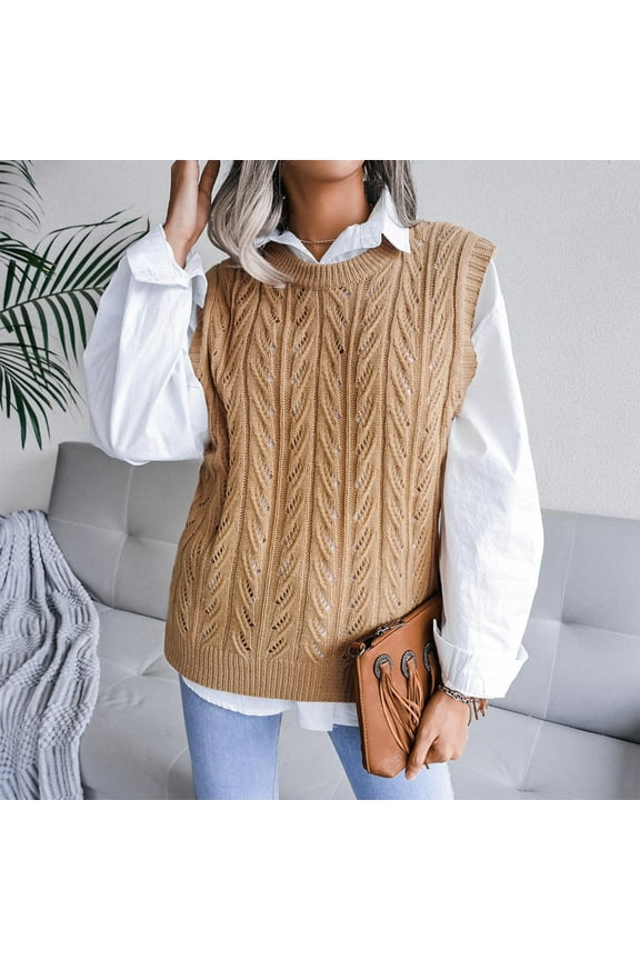 Sweater Vest Women Sleeveless Crew Neck Cable Knit Sweater Vest Casual Loose Fit Hollow Out Knit Pullover Sweater Vest Khaki S