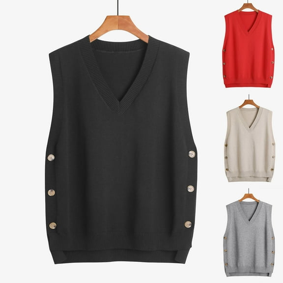 Meichang Sweater Vest Women Sleeveless V Neck Oversized Pullover Knitted Tops Trendy Side Buttons Lightweight Fall Sweater Vests
